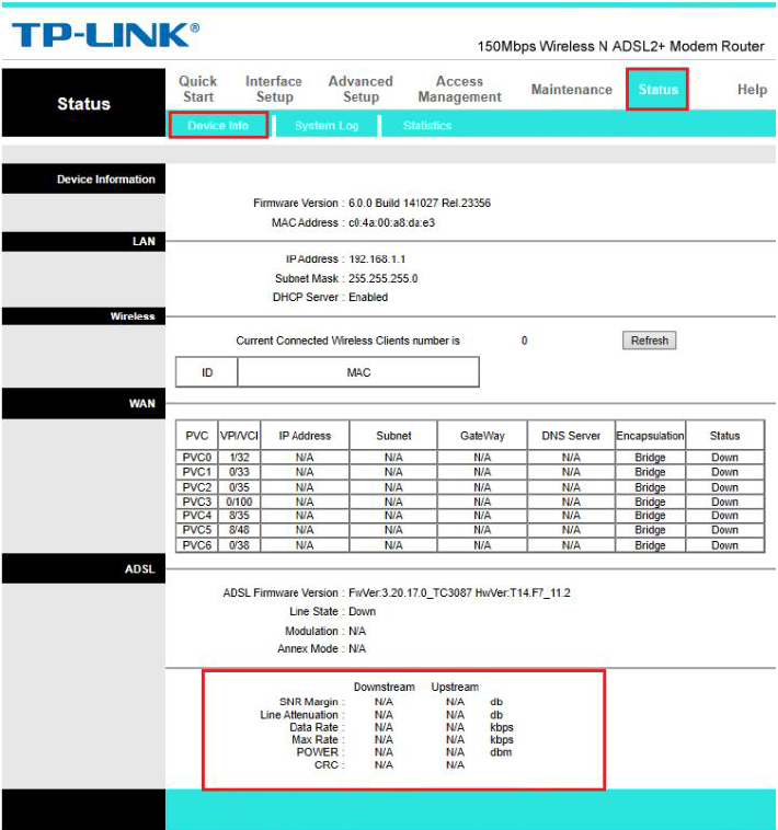 وضعیت کانکشن در مودم TP-Link TD-W8961N